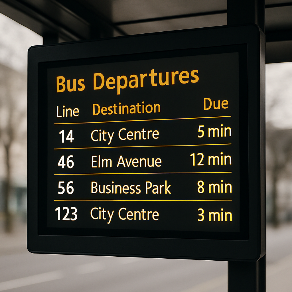I am looking for a picture of a monitor at a bus stop which shows the expected departure time of several bus lines-1