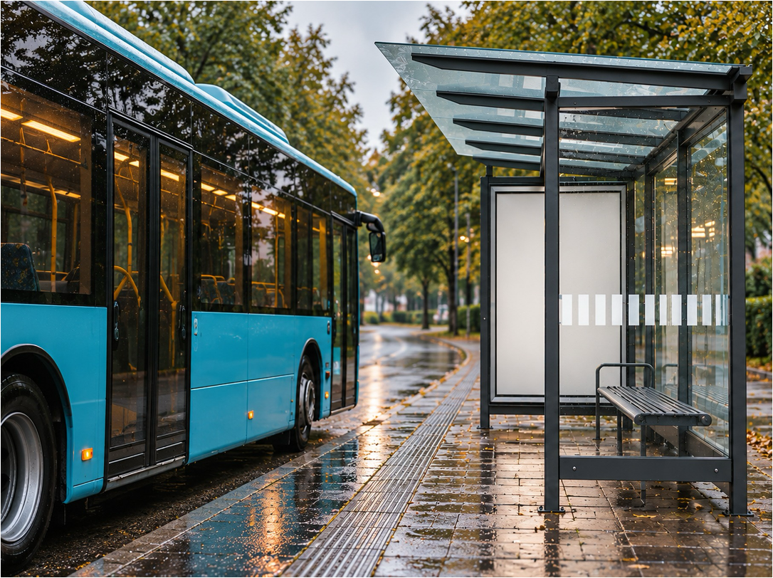 Turkos buss vid en hållplats med väderskydd och taktila plattor en regnig dag